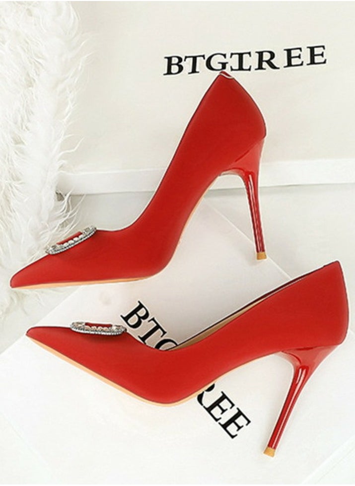 BIGTREE Women's Satin Closed Pointed Toe Stiletto Pump Rhinestone Square Buckle Decoration High Heels Red 10 CM  - Image 3