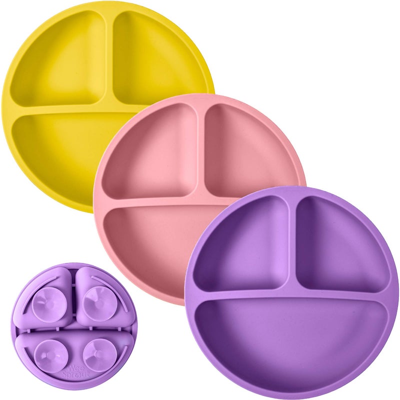 WeeSprout أطباق وي سبراوت الماصة للأطفال والرضع - 100% سيليكون، أدوات المائدة تبقى في مكانها، تصميم مقسم للناقدين في الطعام، آمنة للاستخدام في الميكروويف وغسالة الصحون، 3 عبوات - Image 1