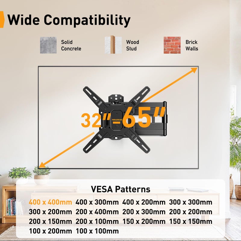 Perlegear Long Arm TV Wall Mount for 32-65â€³ TVs, 37.4â€ Long Extension Corner TV Mount, Max VESA 400x400mm, Articulating Arms Full Motion Wall Mount Bracket with Swivel and Tilt, Holds up to 110 lbs - Image 2
