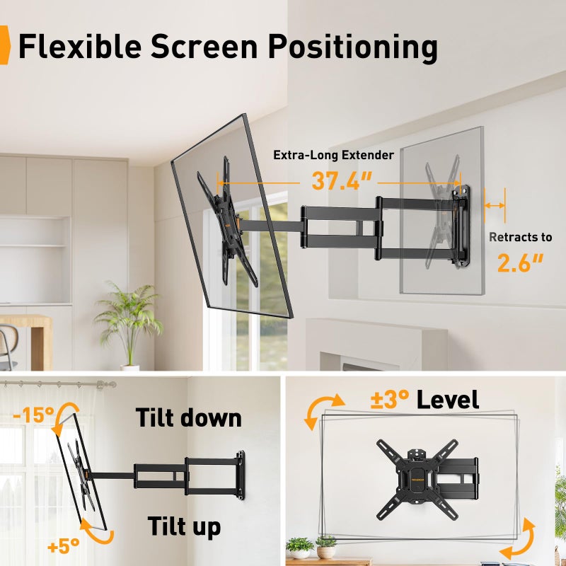 Perlegear Long Arm TV Wall Mount for 32-65â€³ TVs, 37.4â€ Long Extension Corner TV Mount, Max VESA 400x400mm, Articulating Arms Full Motion Wall Mount Bracket with Swivel and Tilt, Holds up to 110 lbs - Image 5