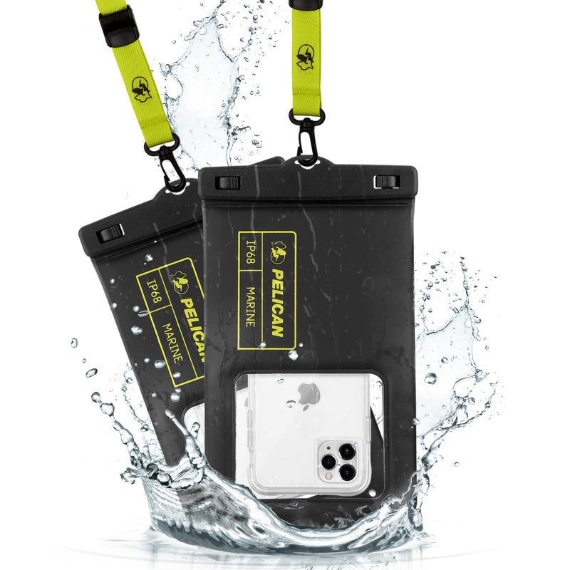 Pelican 2 Pack Marine - IP68 Waterproof Phone Pouch (XL Size) Floating Waterproof Phone Case - Beach Cruise Ship Travel Essentials - Works with All Phones - Detachable Lanyard - Black/Hi-Vis Yellow - Image 1