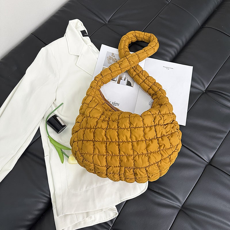 Korean Pleated Cloud Puffer Tote Crossbody Bag Khaki