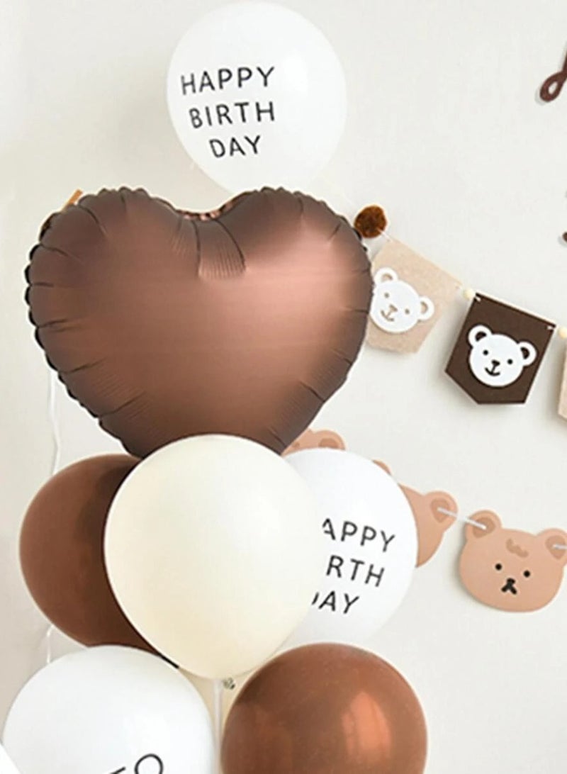 Birthday Balloons Decoration Set – 16 Pieces  A set of 16 birthday balloons featuring a flower-shaped balloon, a heart balloon in brown, assorted latex balloons in various colors, 2 decorative ribbons with a cute bear design, and a "Happy Birthday" letter banner – perfect for a joyful and cozy birthday celebration. - Image 2
