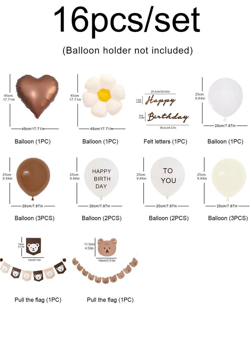 Birthday Balloons Decoration Set – 16 Pieces  A set of 16 birthday balloons featuring a flower-shaped balloon, a heart balloon in brown, assorted latex balloons in various colors, 2 decorative ribbons with a cute bear design, and a "Happy Birthday" letter banner – perfect for a joyful and cozy birthday celebration. - Image 3