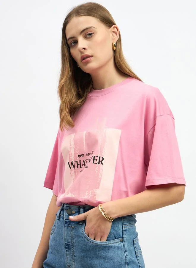 Styli Slogan Print Round Neck Oversized T-Shirt