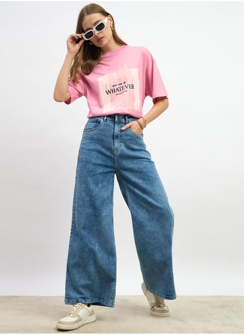 Slogan Print Round Neck Oversized T-Shirt