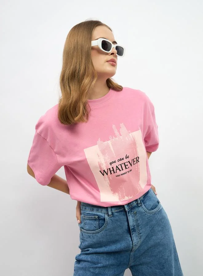 Styli Slogan Print Round Neck Oversized T-Shirt