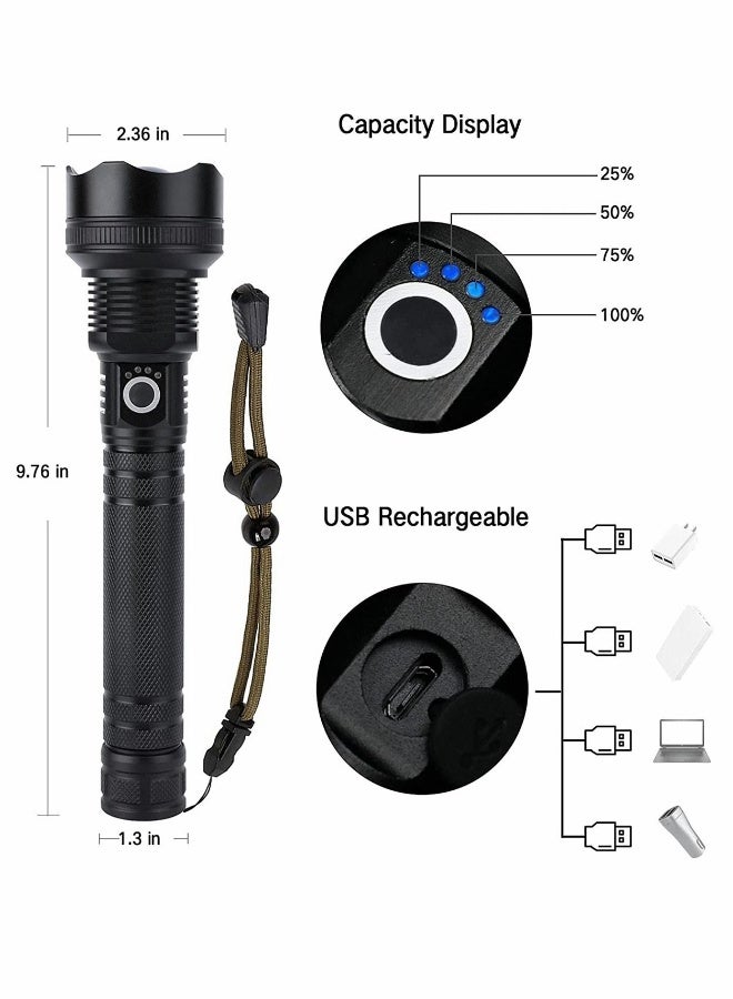 90000 Lumens Rechargeable LED Flashlights Super Bright Zoomable Waterproof Flashlight Powerful Handheld Flashlight Included 3 Modes for Camping Emergencies - Image 5