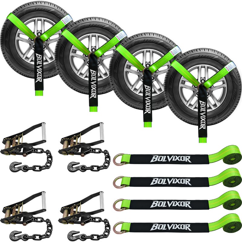 Bolvixor 4 Pack Car Tie Down Straps for Trailers - 2" x 96" - 9900LBS Break Strength - Tire Ratchet Straps with Heavy Duty Chain Anchors for Hauling UTV, SUV, Truck, Any Cars - Image 1