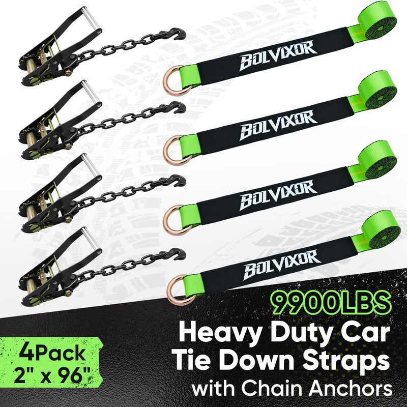 Bolvixor 4 Pack Car Tie Down Straps for Trailers - 2" x 96" - 9900LBS Break Strength - Tire Ratchet Straps with Heavy Duty Chain Anchors for Hauling UTV, SUV, Truck, Any Cars - Image 2