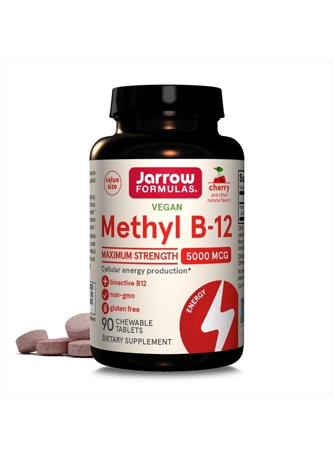 jarrow formulas Maximum Strength Methyl B-12 5000 mcg - Dietary Supplement - 90 Cherry Flavored Chewable Tablets - Bioactive Vitamin B-12 - Supports Cellular Energy Production, Sleep & Brain Health  - Image 1