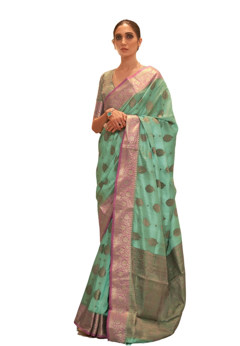 SGF11-Women's Kanjivaram Soft Silk Handloom Saree Golden Zari With Blouse Piece (Sea Green) - Image 1
