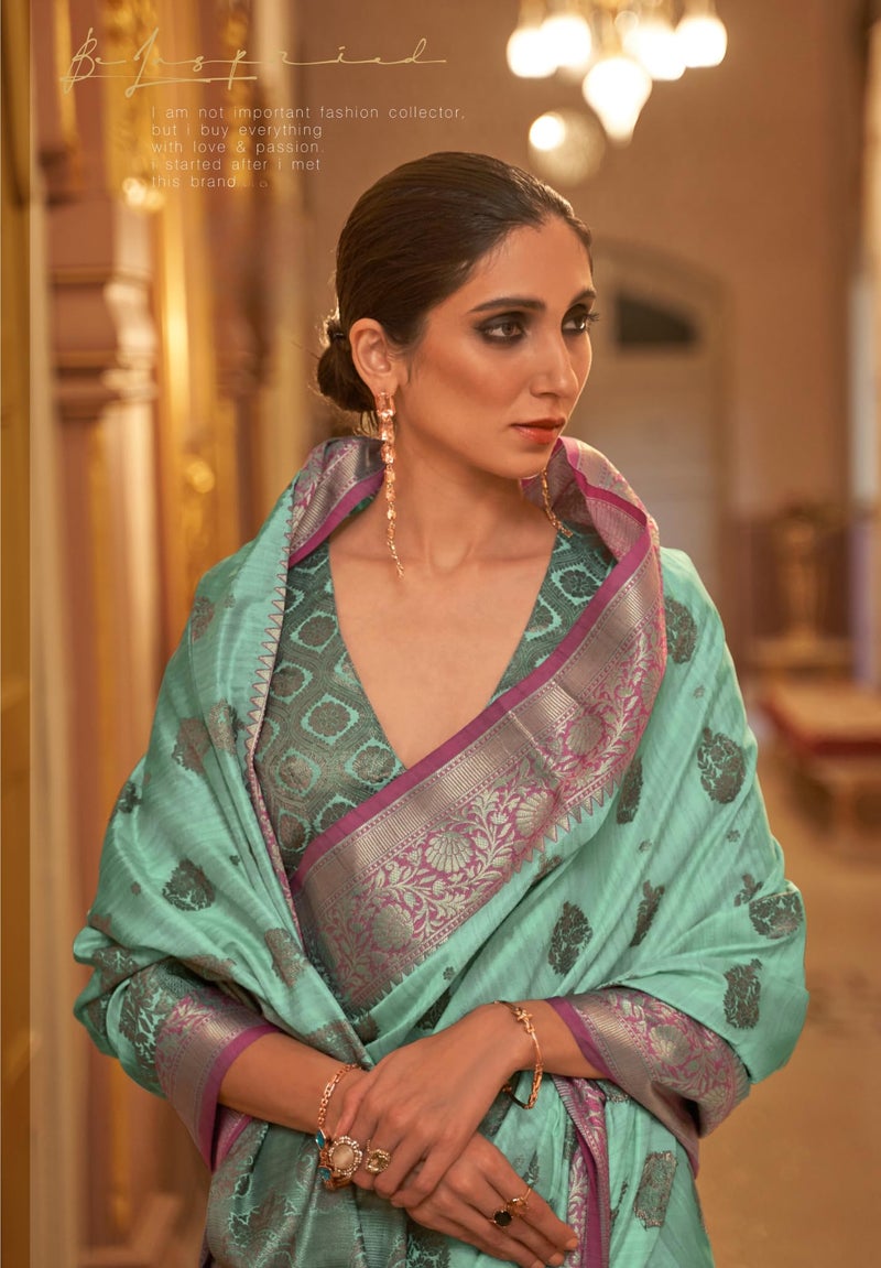SGF11-Women's Kanjivaram Soft Silk Handloom Saree Golden Zari With Blouse Piece (Sea Green) - Image 3