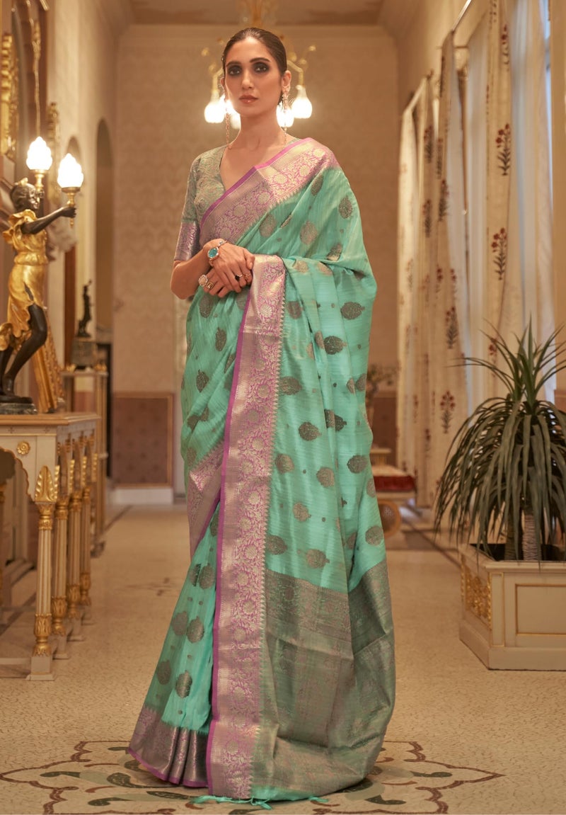 SGF11-Women's Kanjivaram Soft Silk Handloom Saree Golden Zari With Blouse Piece (Sea Green) - Image 2