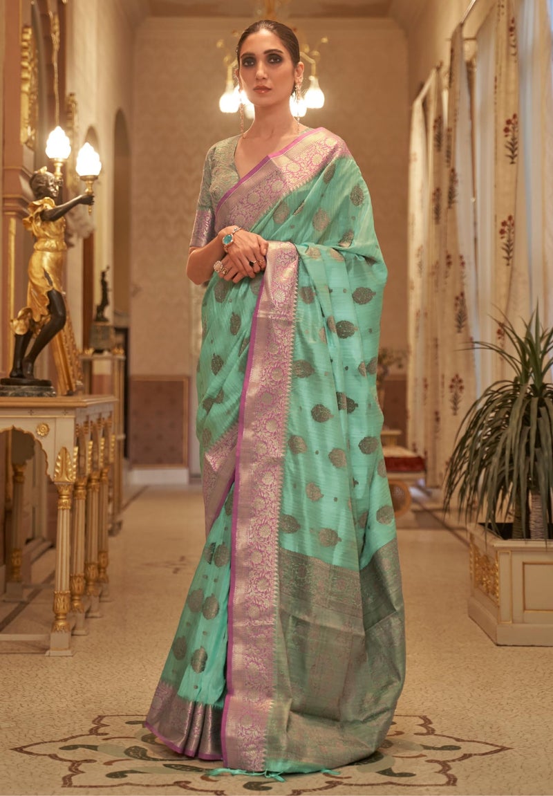 SGF11-Women's Kanjivaram Soft Silk Handloom Saree Golden Zari With Blouse Piece (Sea Green) - Image 4