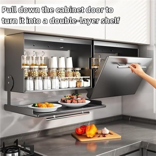HOME CUBE Wall Mounted Pull-Down Kitchen Storage Rack Organizer with Towel Bar, Spice Rack, Hidden Flip-Down Pantry Rack for Jars, Plates and Condiments, Space-Saving Cabinet Organizer (Black) - Image 3