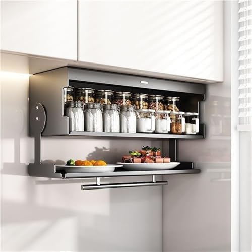 HOME CUBE Wall Mounted Pull-Down Kitchen Storage Rack Organizer with Towel Bar, Spice Rack, Hidden Flip-Down Pantry Rack for Jars, Plates and Condiments, Space-Saving Cabinet Organizer (Black) - Image 5