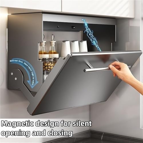 HOME CUBE Wall Mounted Pull-Down Kitchen Storage Rack Organizer with Towel Bar, Spice Rack, Hidden Flip-Down Pantry Rack for Jars, Plates and Condiments, Space-Saving Cabinet Organizer (Black) - Image 4