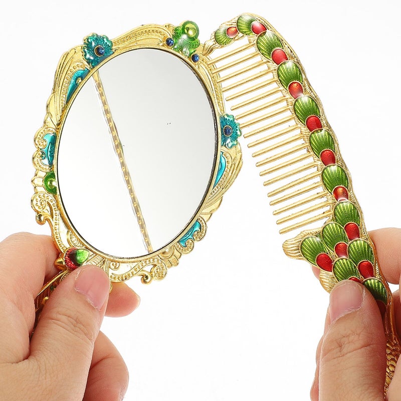 Vintage Peacock Pattern Metal Vanity Mirror and Comb Set Portable Travel Cosmetic Accessories for Women - Image 5