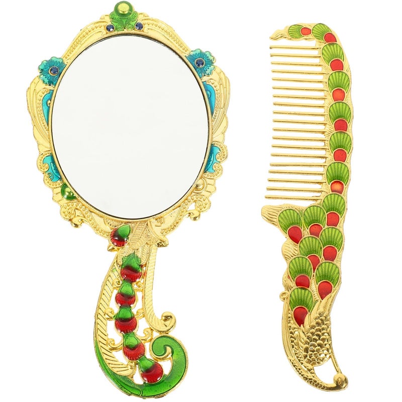 Vintage Peacock Pattern Metal Vanity Mirror and Comb Set Portable Travel Cosmetic Accessories for Women - Image 2