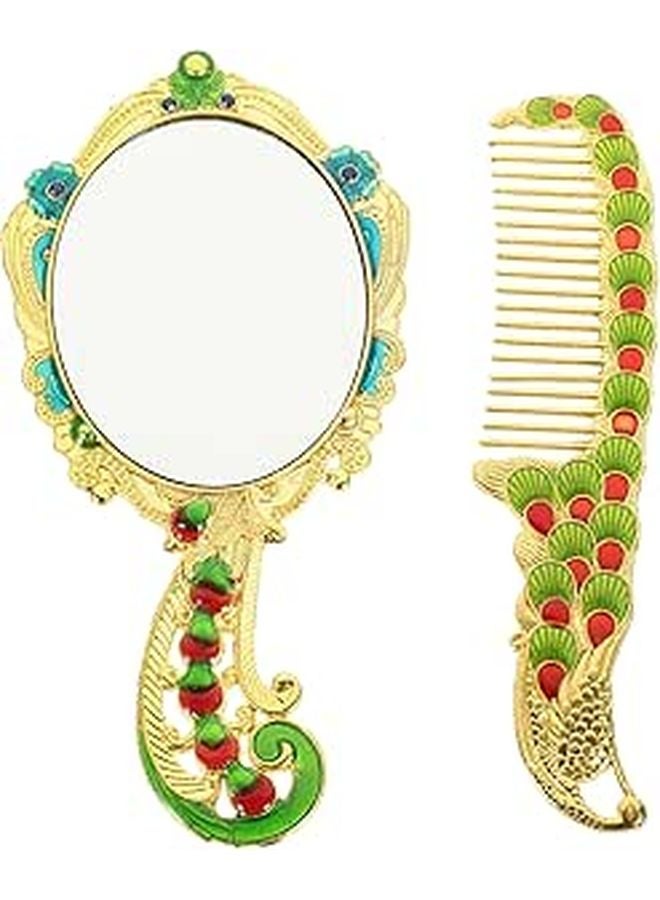 Vintage Peacock Pattern Metal Vanity Mirror and Comb Set Portable Travel Cosmetic Accessories for Women - Image 1