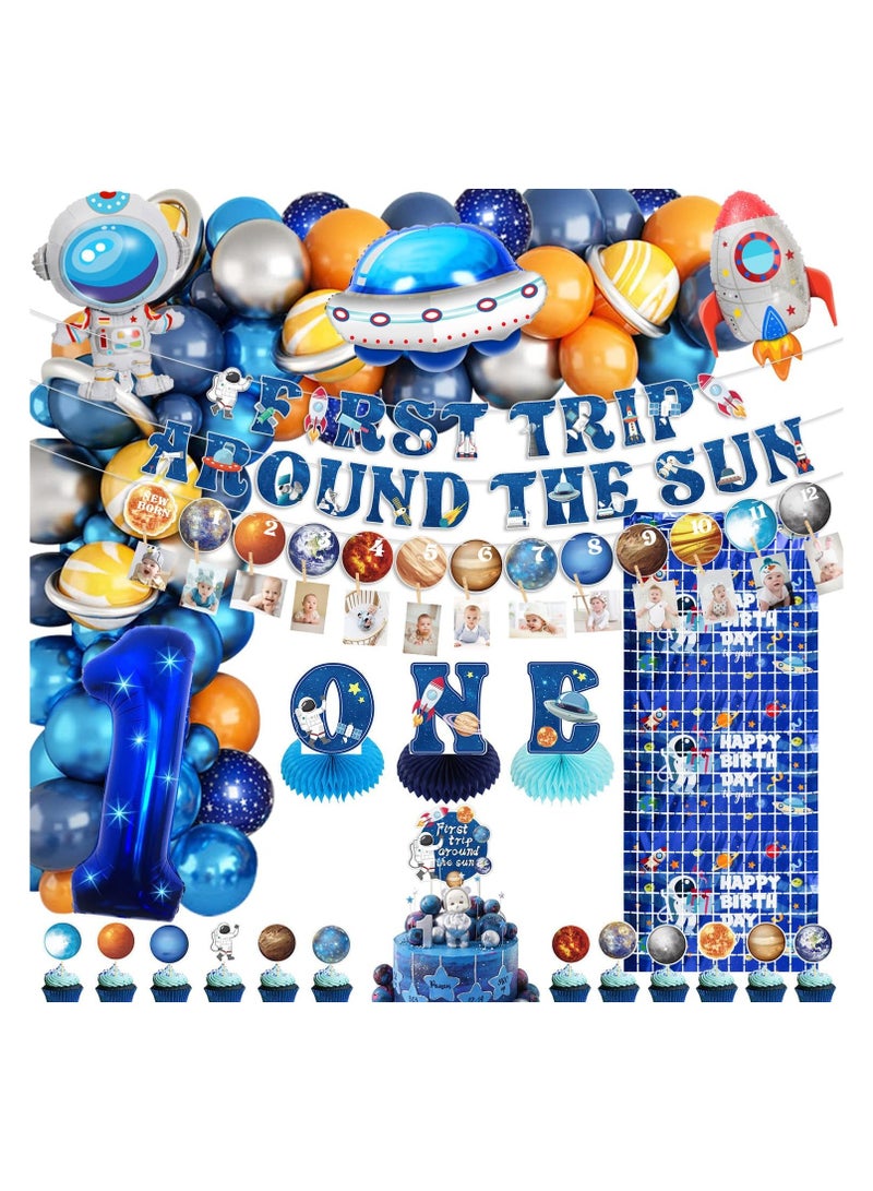 Room 1st Birthday Decorations Include First Trip Around The Sun Banner, Room Monthly Photo Banner, ONE Honeycomb Centerpiece, Cake Topper, Balloons for Boys Kids First Birthday Party Decoration - Image 1