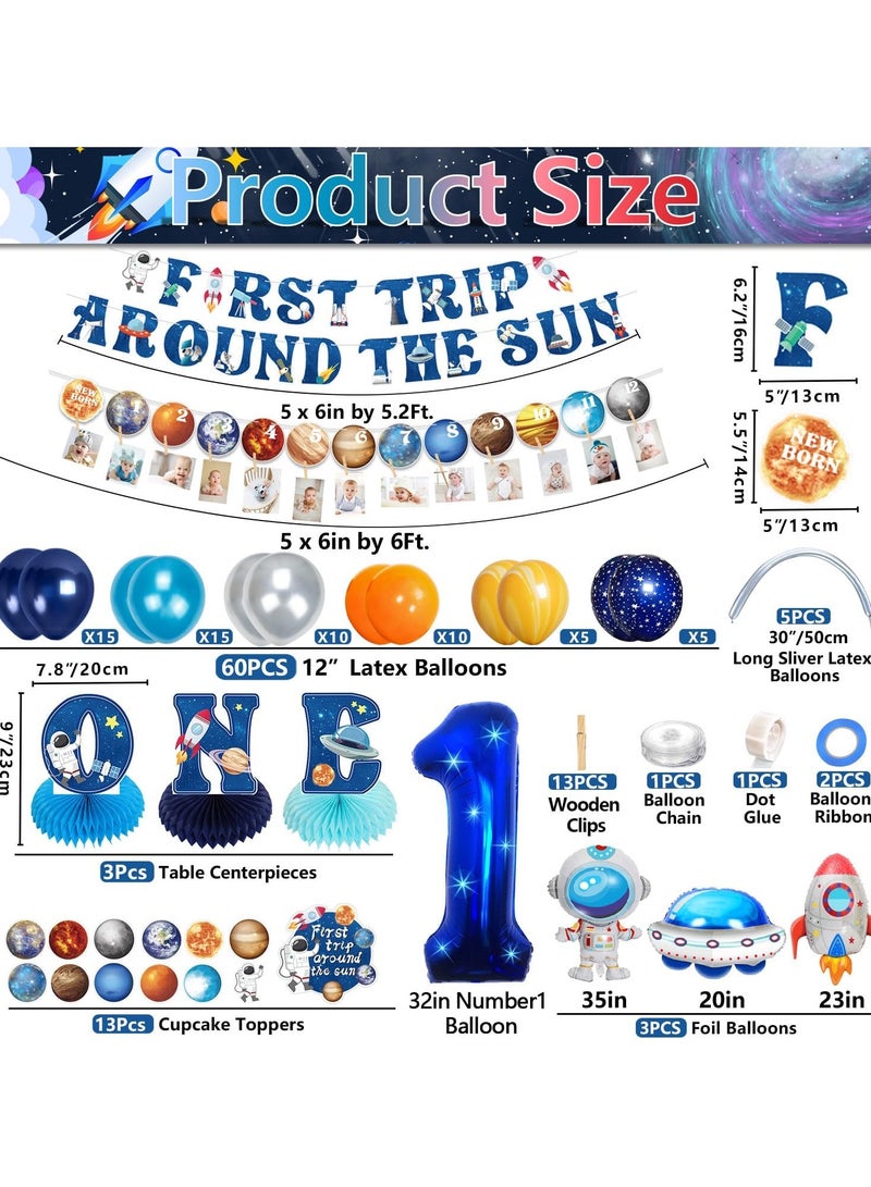 Room 1st Birthday Decorations Include First Trip Around The Sun Banner, Room Monthly Photo Banner, ONE Honeycomb Centerpiece, Cake Topper, Balloons for Boys Kids First Birthday Party Decoration - Image 2