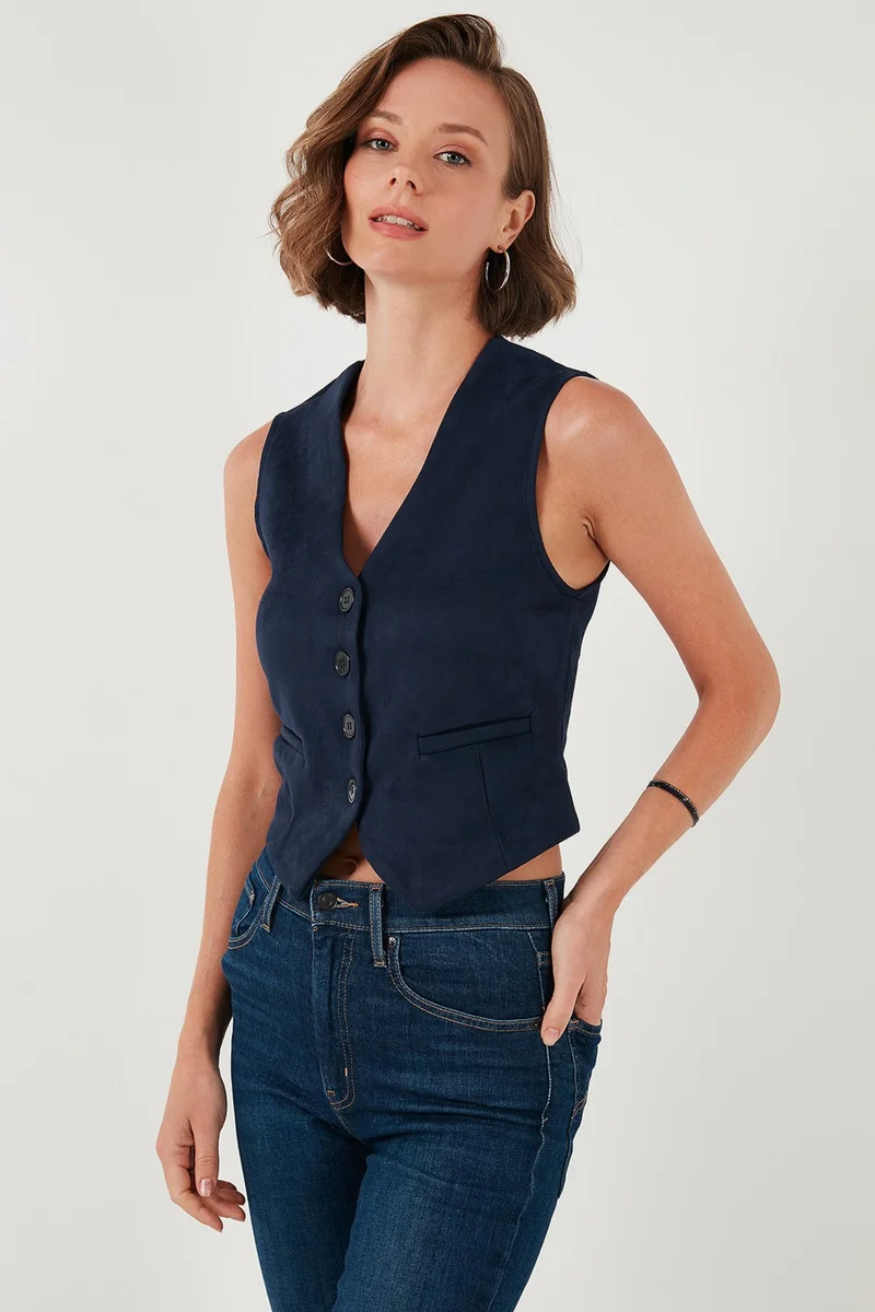 Lela Fitted Scuba Suede V Neck Buttoned Vest Women's Vest 5865576