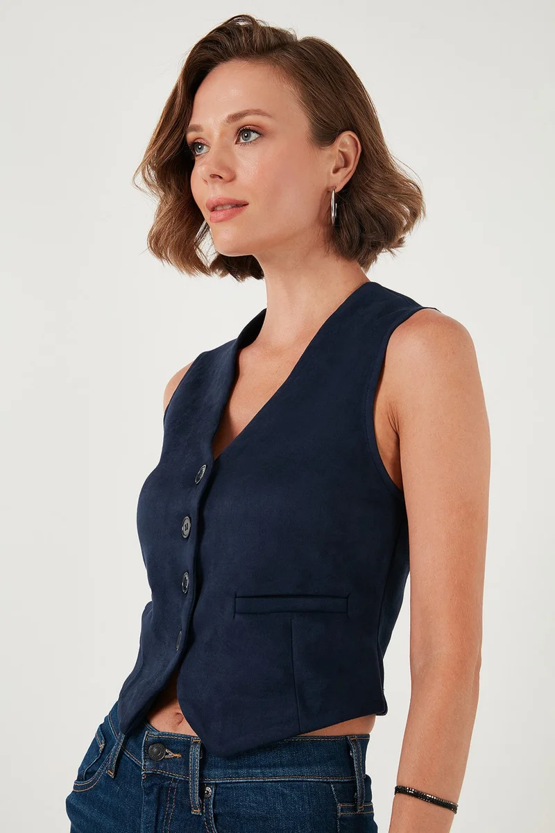 Lela Fitted Scuba Suede V Neck Buttoned Vest Women's Vest 5865576
