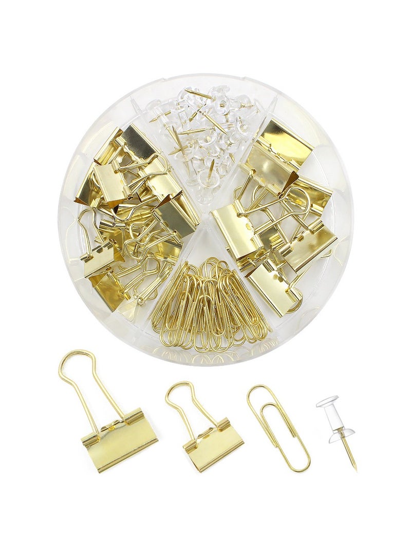 Generic 72-Piece Paper Clips, With Binder Clips And Push Pins, 4 Kinds Office Supplies Set With Acrylic Box for Office, School, Home, Gold  - Image 1