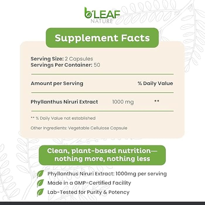 b'leaf NATURE B’Leaf Nature Chanca Piedra Stone Breaker, 100 Capsules, 1000mg – Traditional Herbal Kidney Support – Non-GMO, Vegan, Gluten-Free Urinary Tract & Liver Wellness - Image 2