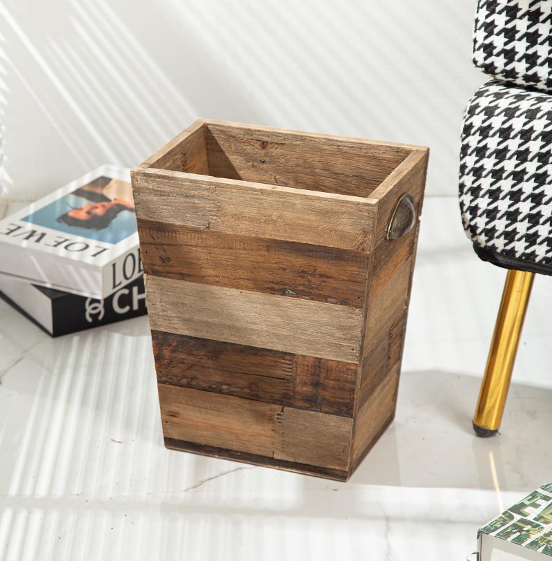 TIMRIS Small Wood Trash Can, Farmhouse Rectangular Garbage Can Waste Basket, Rustic Distressed Reclaimed Wood Wastebasket, Vintage Wooden Trash Recycling Bin Storage Basket with Metal Handles (Natural) - Image 2