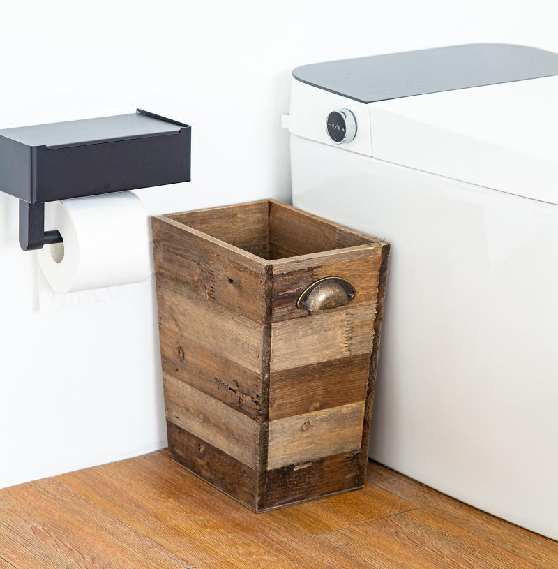 TIMRIS Small Wood Trash Can, Farmhouse Rectangular Garbage Can Waste Basket, Rustic Distressed Reclaimed Wood Wastebasket, Vintage Wooden Trash Recycling Bin Storage Basket with Metal Handles (Natural) - Image 4