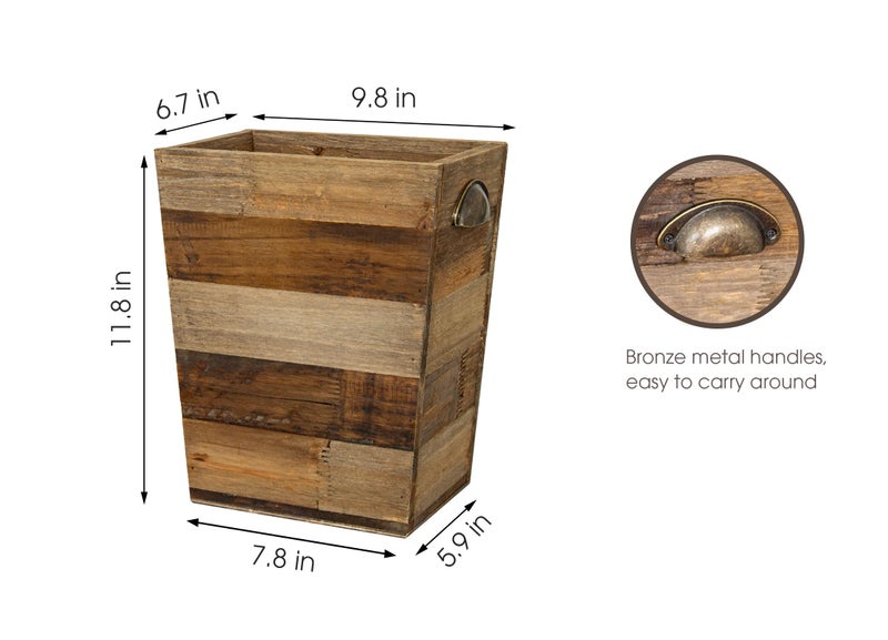 TIMRIS Small Wood Trash Can, Farmhouse Rectangular Garbage Can Waste Basket, Rustic Distressed Reclaimed Wood Wastebasket, Vintage Wooden Trash Recycling Bin Storage Basket with Metal Handles (Natural) - Image 5