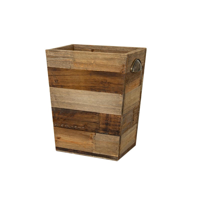 TIMRIS Small Wood Trash Can, Farmhouse Rectangular Garbage Can Waste Basket, Rustic Distressed Reclaimed Wood Wastebasket, Vintage Wooden Trash Recycling Bin Storage Basket with Metal Handles (Natural) - Image 1