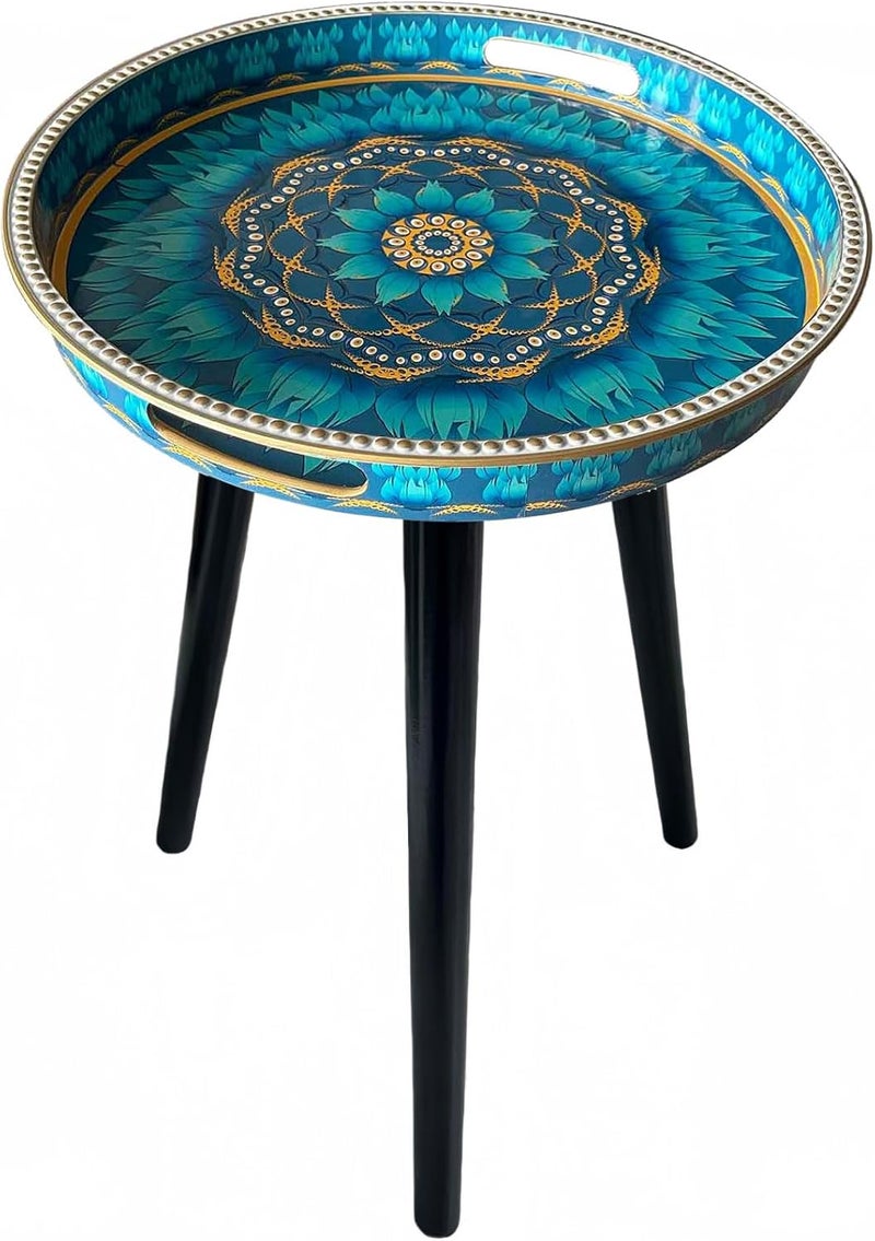 Simmer Stone Round Indoor Side Tables with Detachable Wooden 3 Legs, Versatile Tray Table, Perfect For Round Coffee Table Tea, and Relaxation Time 17.7 Inch (Dot Blue Lotus) - Image 1
