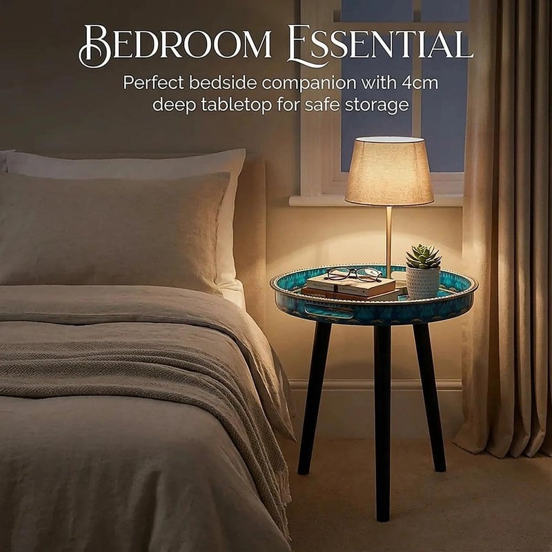Simmer Stone Round Indoor Side Tables with Detachable Wooden 3 Legs, Versatile Tray Table, Perfect For Round Coffee Table Tea, and Relaxation Time 17.7 Inch (Dot Blue Lotus) - Image 4