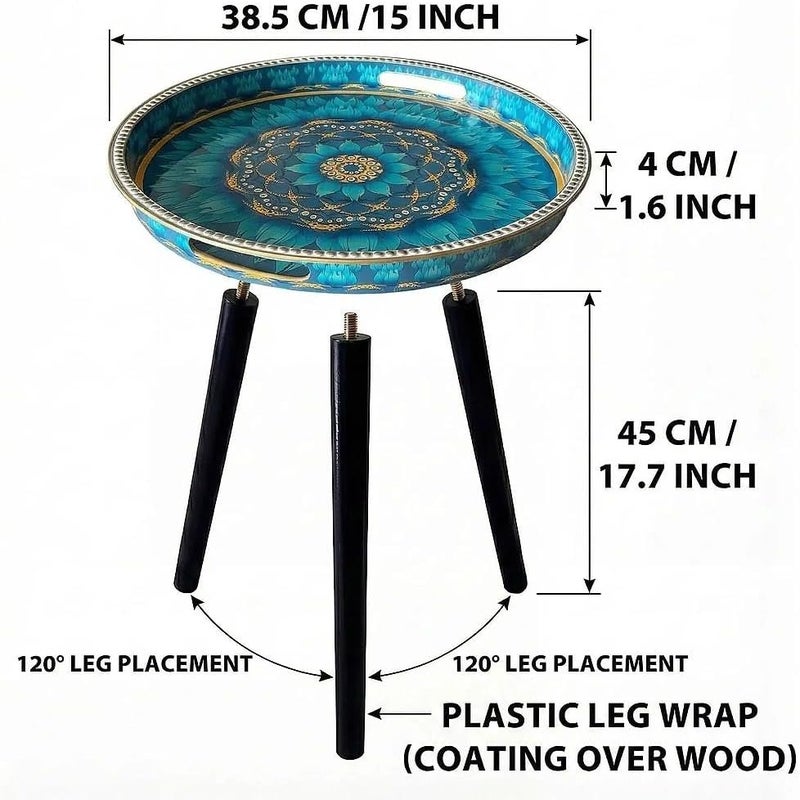 Simmer Stone Round Indoor Side Tables with Detachable Wooden 3 Legs, Versatile Tray Table, Perfect For Round Coffee Table Tea, and Relaxation Time 17.7 Inch (Dot Blue Lotus) - Image 2