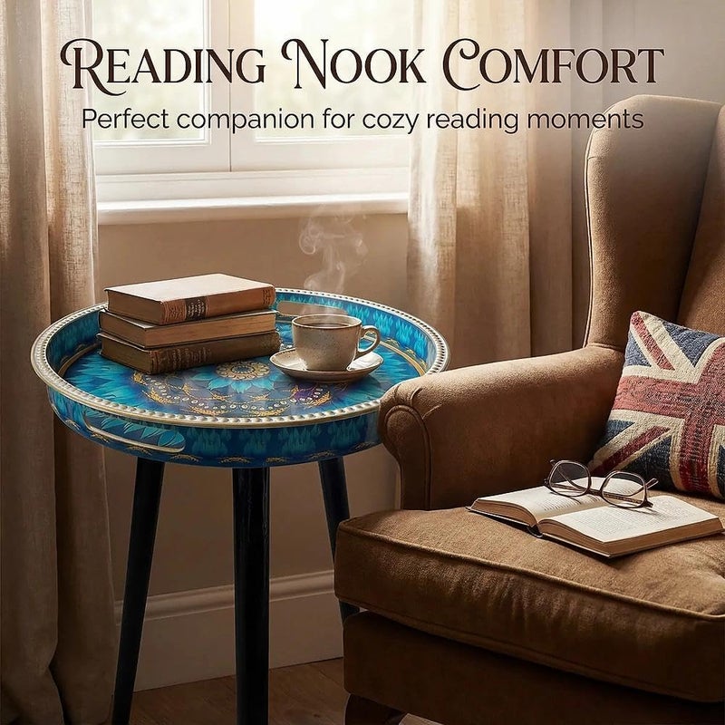 Simmer Stone Round Indoor Side Tables with Detachable Wooden 3 Legs, Versatile Tray Table, Perfect For Round Coffee Table Tea, and Relaxation Time 17.7 Inch (Dot Blue Lotus) - Image 3