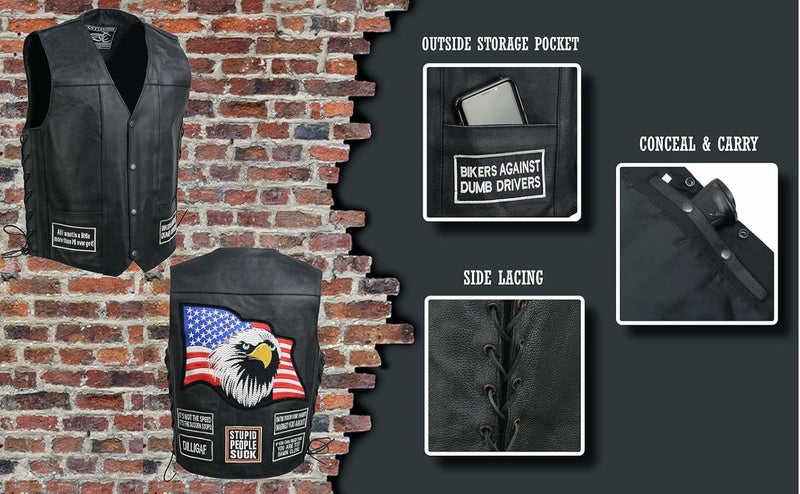 EVENT LEATHER ELM3925 Black Motorcycle Leather Vest for Men with Patches - Image 2