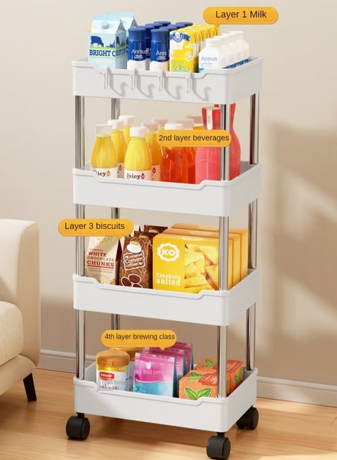 4 Level Kitchen Shelf White Storage Shelf With Universal Wheel For Easy Movement