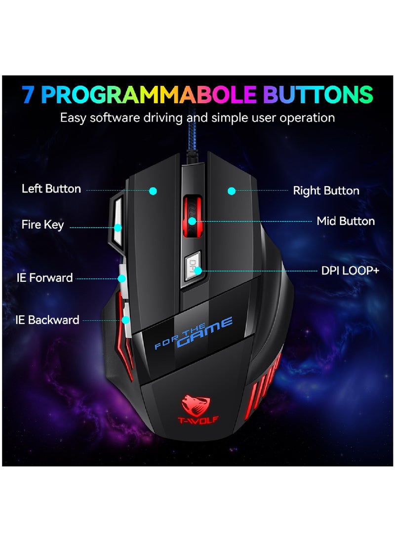 T-WOLF Gaming Mouse Usb Wired Optical 7 Buttons Black  - Image 4