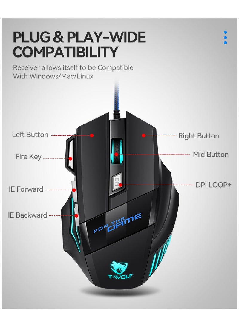 T-WOLF Gaming Mouse Usb Wired Optical 7 Buttons Black  - Image 3