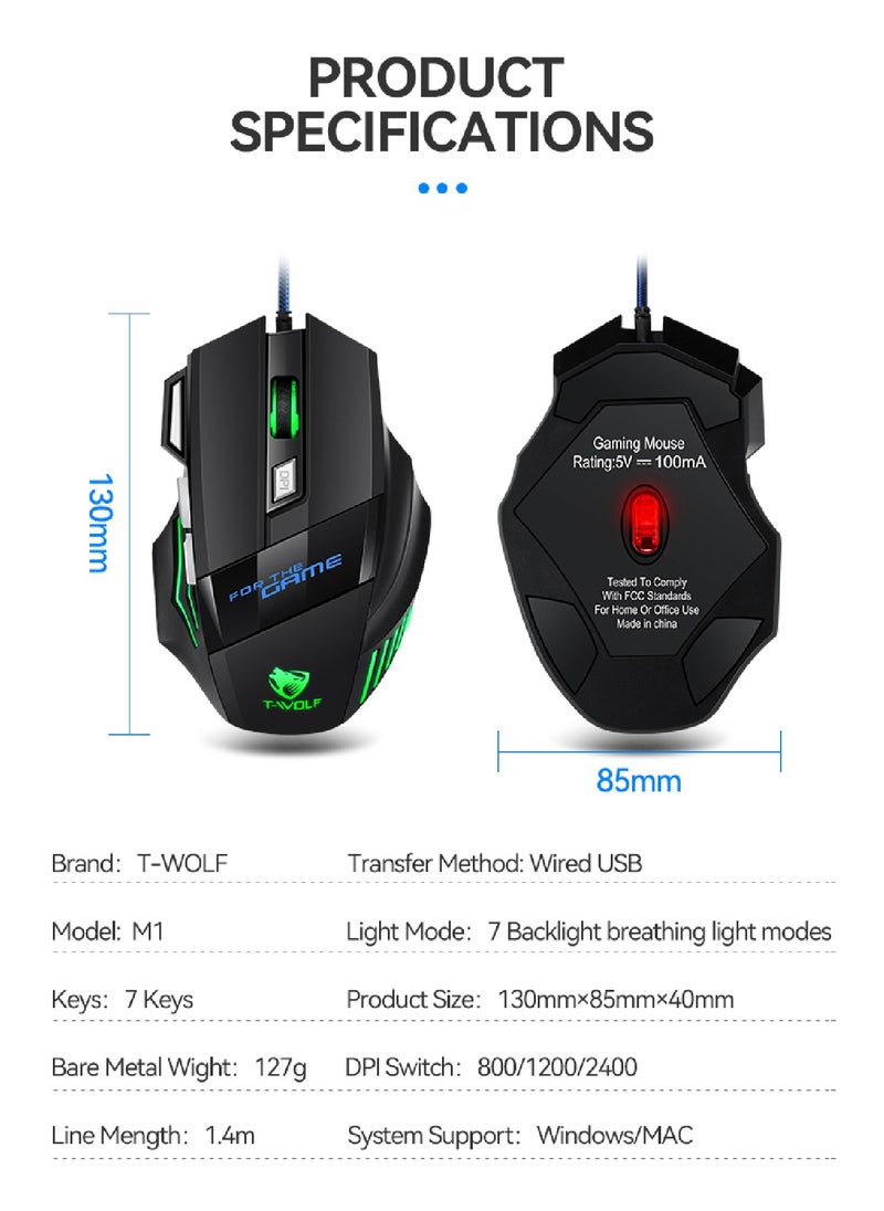 T-WOLF Gaming Mouse Usb Wired Optical 7 Buttons Black  - Image 2