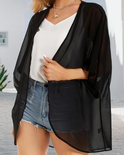 JOELLYUS Summer Plus Size Kimono Cardigans Swimsuit Cover Ups Hawaiian Blouse Loose Fitting Tops(BK,2XL) solid Black XX-Large - Image 3