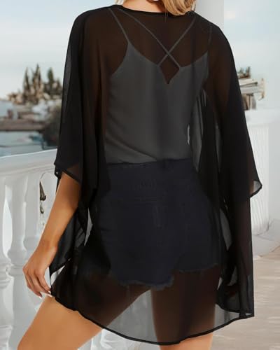 JOELLYUS Summer Plus Size Kimono Cardigans Swimsuit Cover Ups Hawaiian Blouse Loose Fitting Tops(BK,2XL) solid Black XX-Large - Image 5