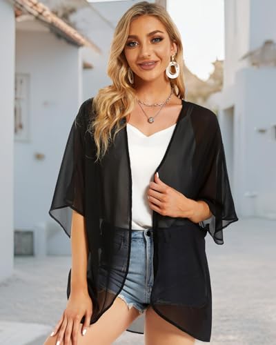 JOELLYUS Summer Plus Size Kimono Cardigans Swimsuit Cover Ups Hawaiian Blouse Loose Fitting Tops(BK,2XL) solid Black XX-Large - Image 2