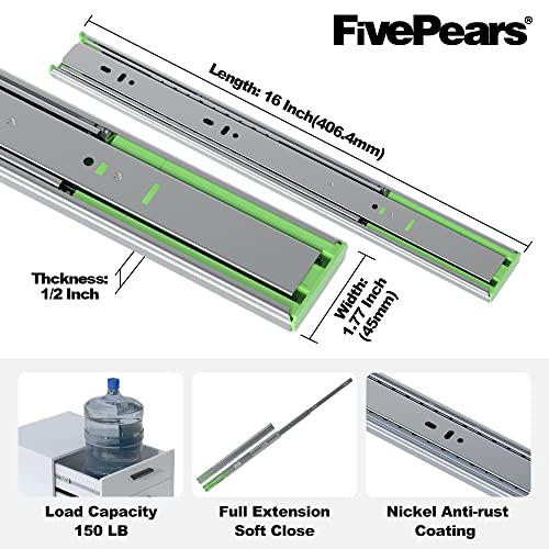 FivePears 1 Pairs 16 Inch Heavy Duty Soft Close Drawer Slides, 150 Lb Load Capacity Full Extension Ball Bearing Side Mount Drawer Runner, Rv Tool Box Kitchen Cabinet Drawer Self Closing Glide Rails - Image 2
