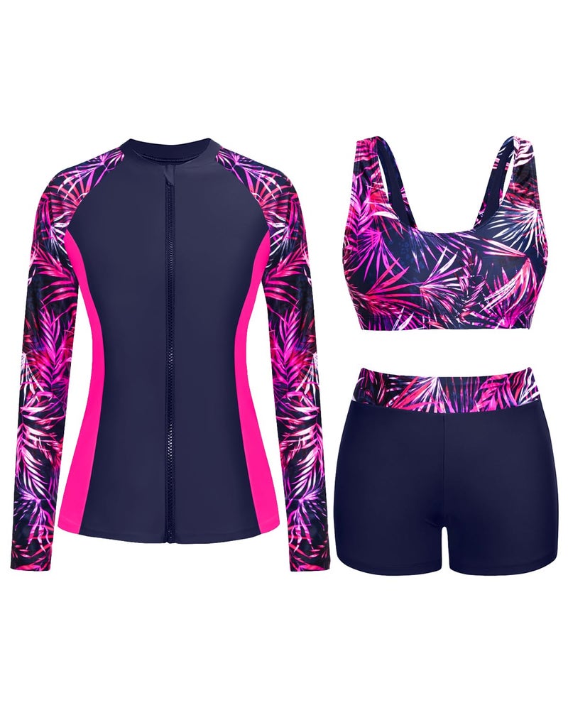 Holipick Pink Leaves Long Sleeve Swimsuits for Women - 3 Piece Rash Guard with Shorts Zipper SPF Swim Shirt with Built in Bra M - Image 1