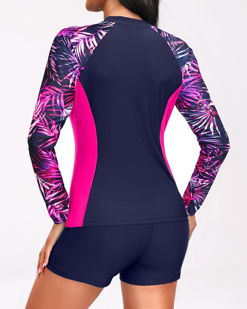 Holipick Pink Leaves Long Sleeve Swimsuits for Women - 3 Piece Rash Guard with Shorts Zipper SPF Swim Shirt with Built in Bra M - Image 5